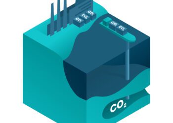 Underground and Underwater Storage of CO2 - Transportation of Carbon Dioxide, Utilization and Storage Technologies. Isometric vector illustration